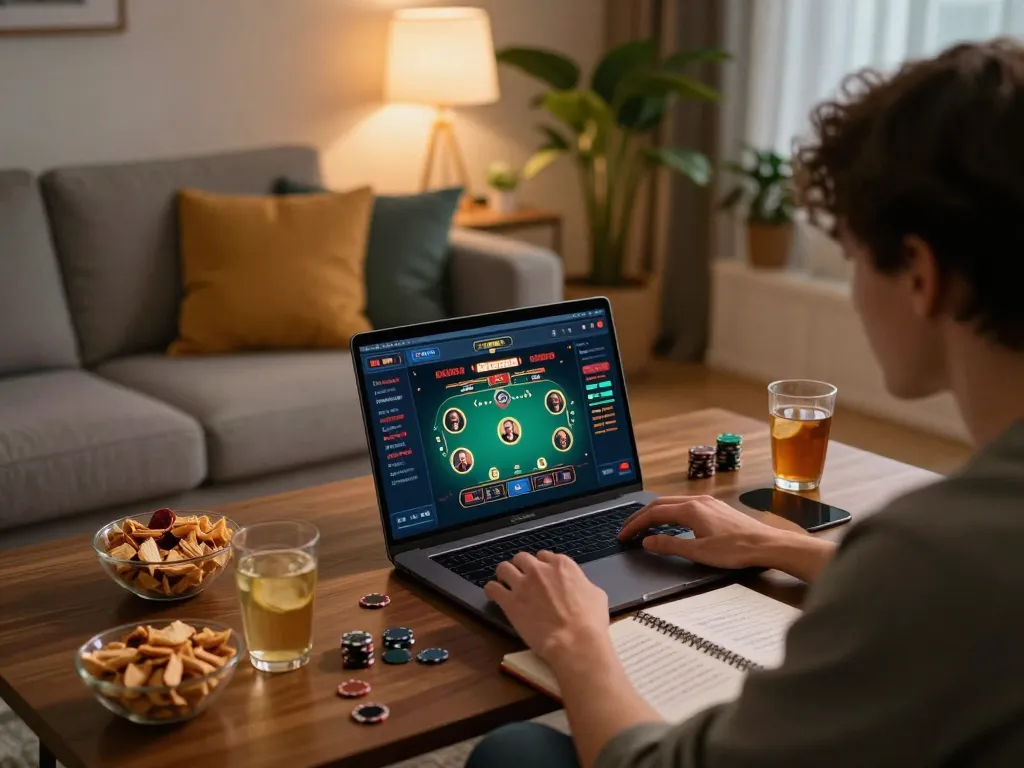 Engaging in online casino gaming at home using https://go8.agency/ for poker strategies and fun gameplay.
