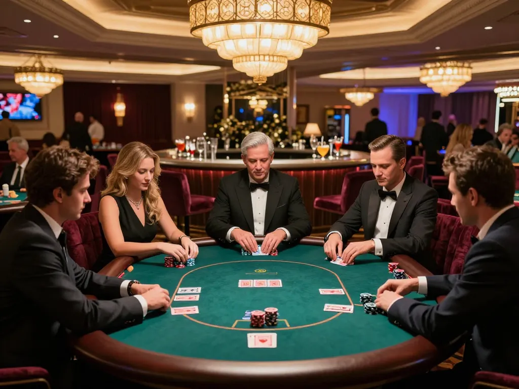 Players enjoying high-stakes poker in a premium setting at GO8 casino, with warm lighting and luxurious decor.