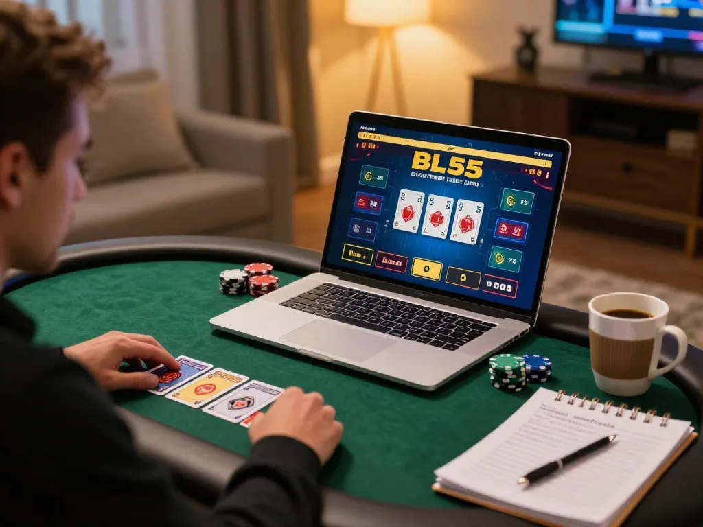 Player engaged with BL555 poker game from home setup, showcasing strategic gameplay.