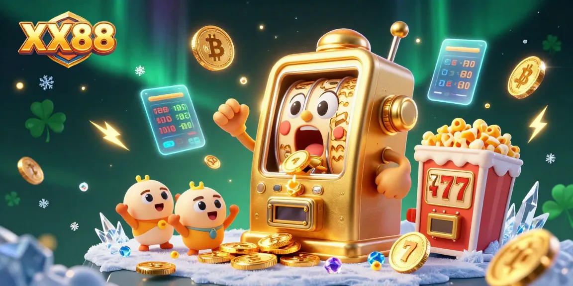 Experience XX88's excitement as a cartoon slot machine hits a jackpot amidst vibrant casino elements.