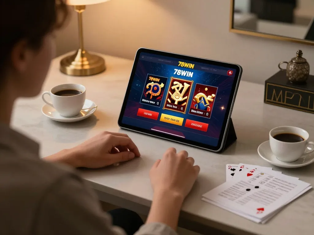 Engaging in poker gameplay on 78WIN platform on a tablet in a cozy home environment.