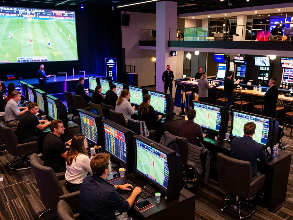 EE88 sports betting arena showcasing enthusiastic bettors placing wagers during live events, vibrant atmosphere and betting screens visible.