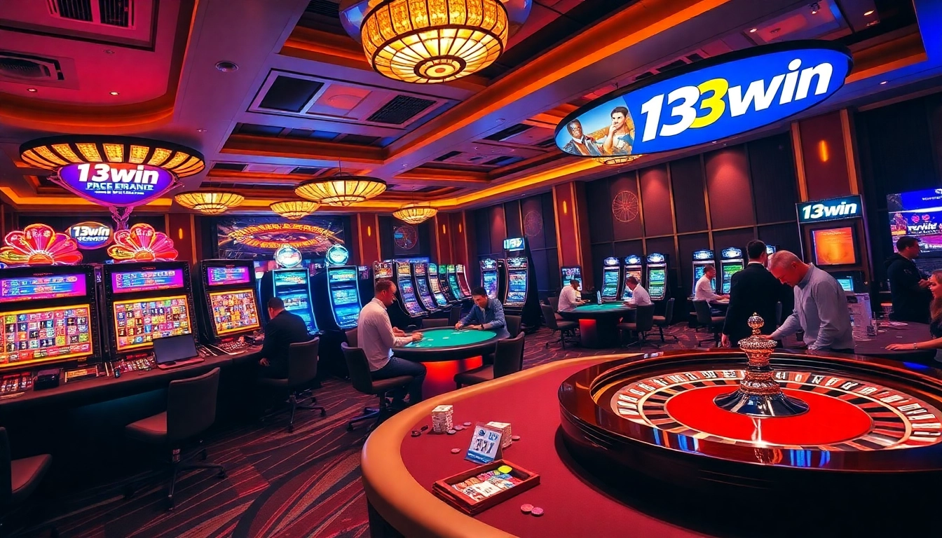 Excited gamblers enjoying games at 13win's vibrant casino, showcasing luxury and thrill.