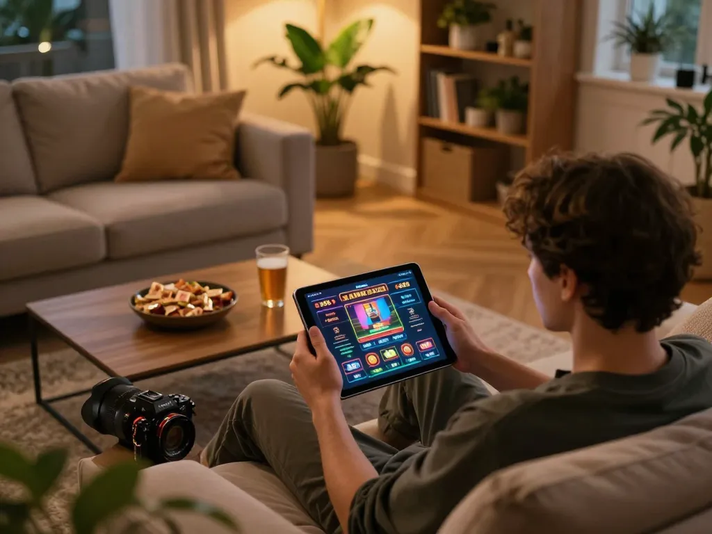 Engaging with the ee88 casino app on a tablet in a cozy home, highlighting strategic gaming.
