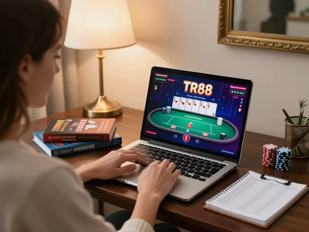 Engaging in strategic gameplay at TR88 online casino with vibrant poker options displayed on the laptop.