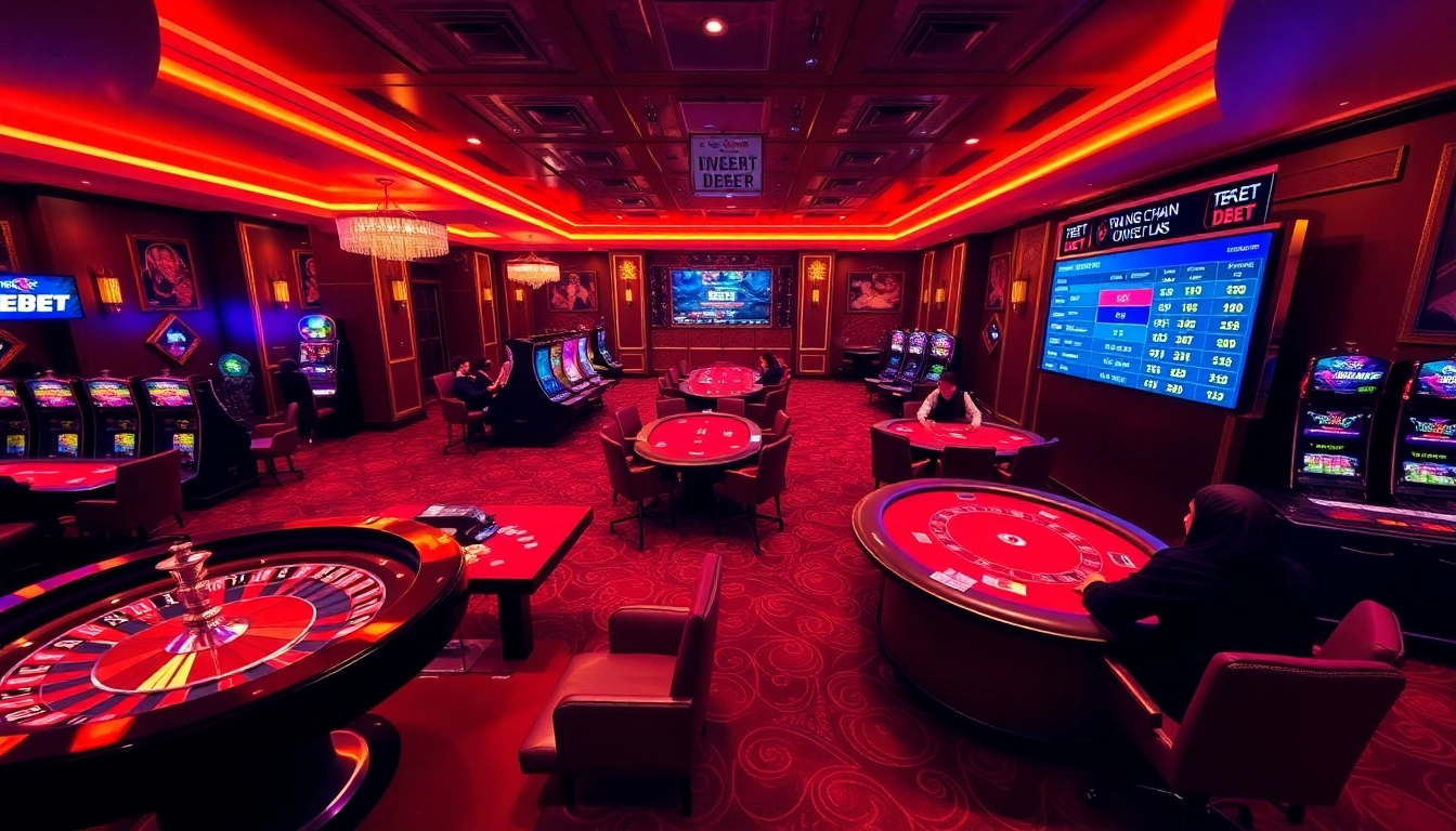 Experience the thrilling ambiance of Trang Chủ DEBET with vibrant casino games and enthusiastic players.