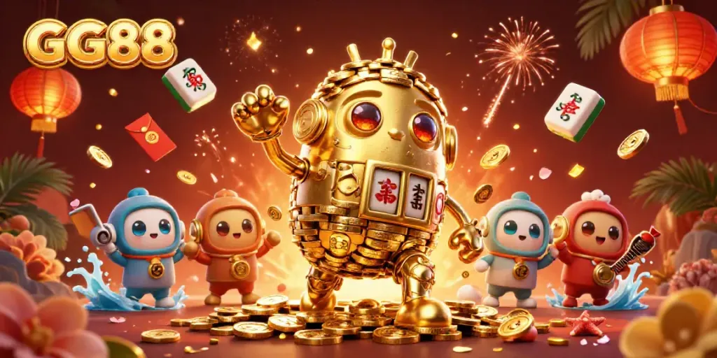 Experience thrilling gaming with GG88's golden golem and festive casino elements in a lively, vibrant scene.