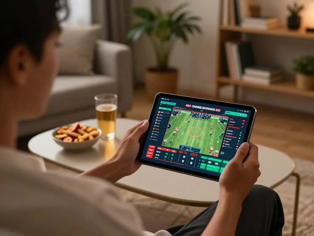 Person placing bets on TR88 sports betting platform using a tablet in a cozy living room