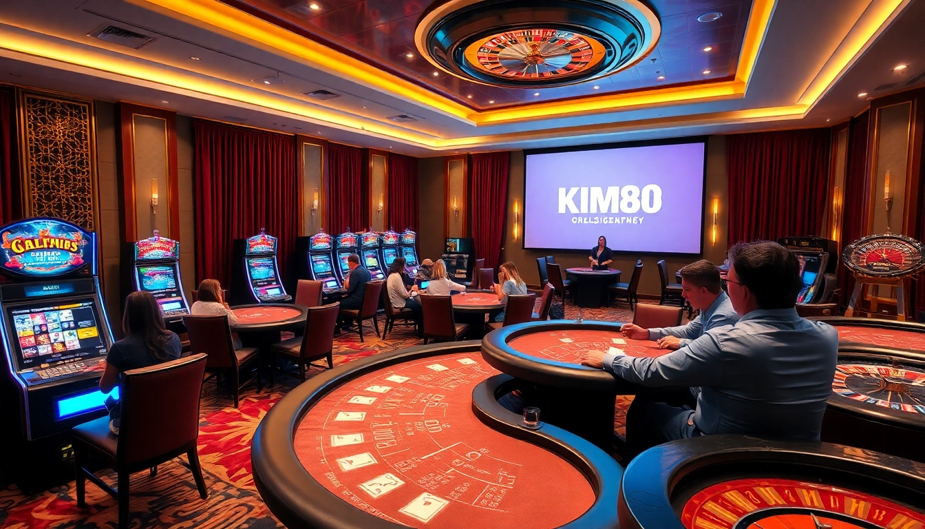 Players enjoying high-stakes poker at KIM88 casino, with vibrant slot machines and roulette in the background.