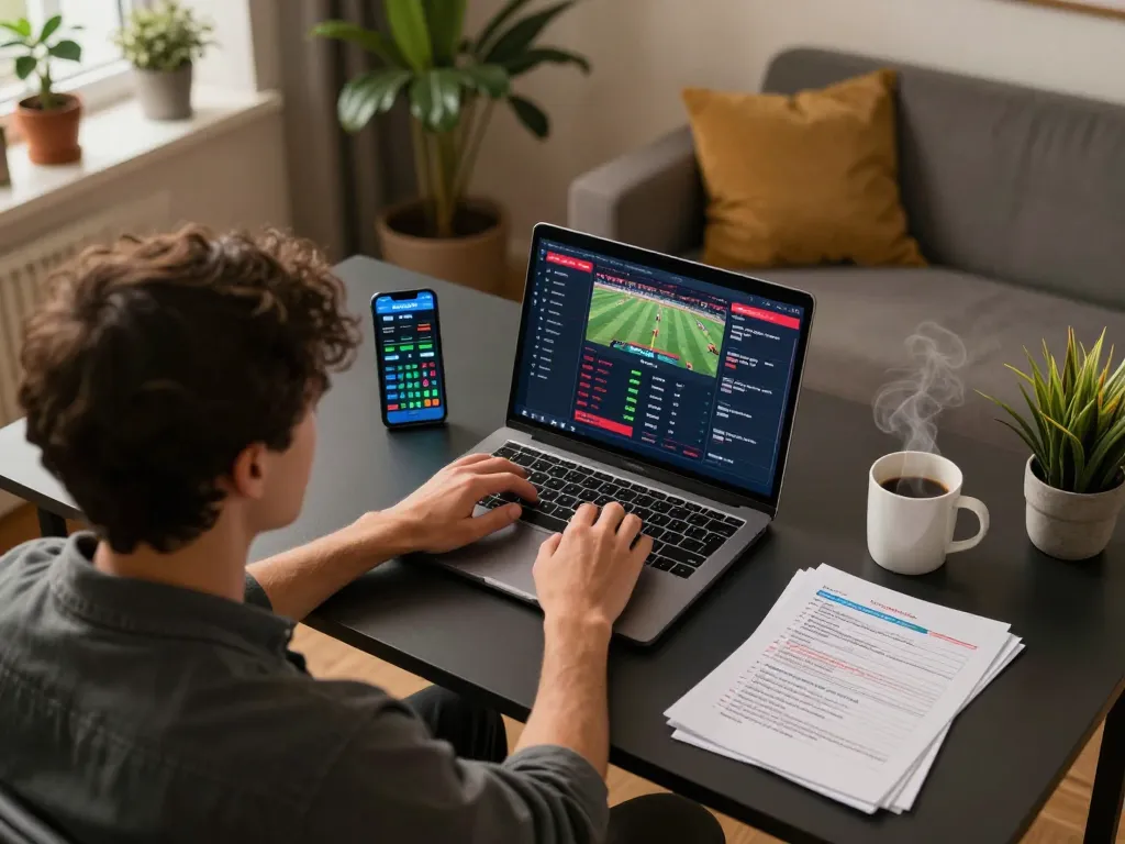 Engaging in online sports betting with Dwin's strategies visible on laptop alongside responsible bankroll management.
