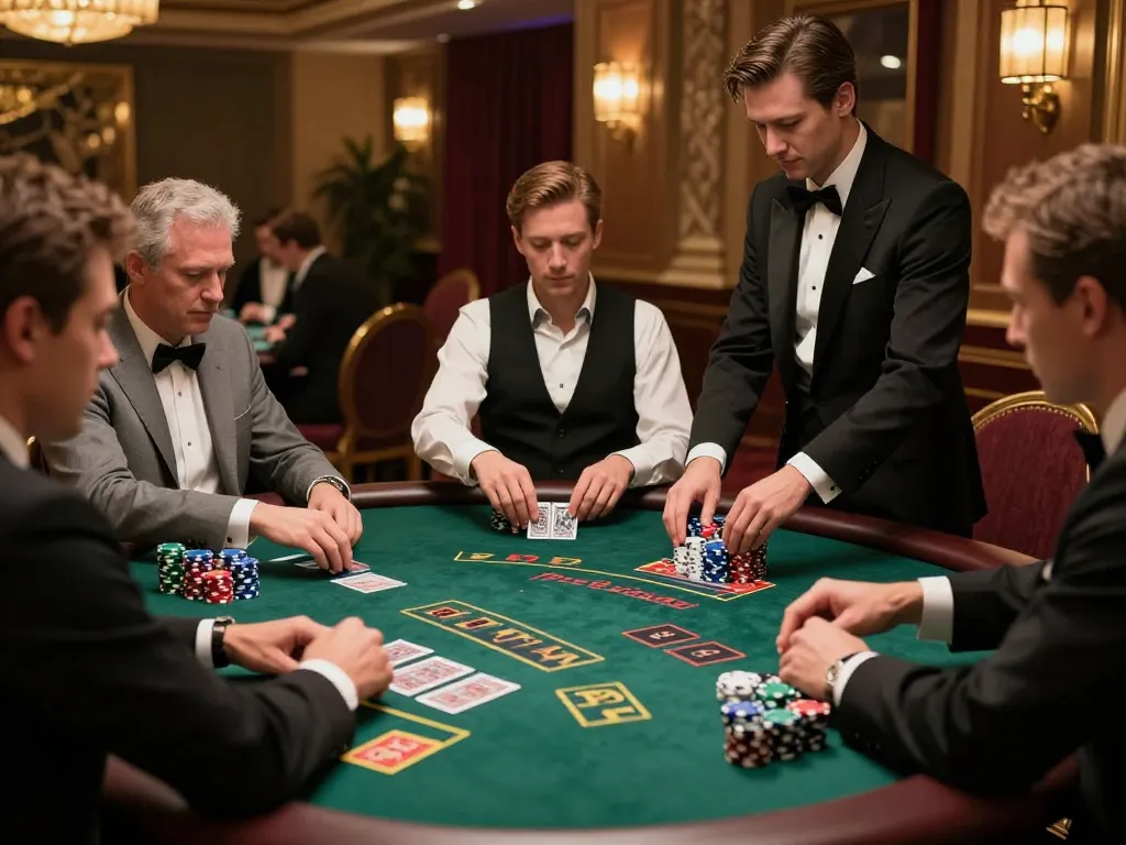 Players engaged in an intense game of blackjack at FC88 casino, showcasing strategic bets and dealer actions.