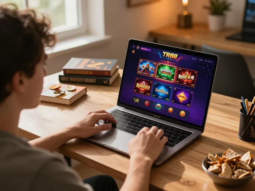 Player engaging in TR88 online casino gaming at home with an inviting setup