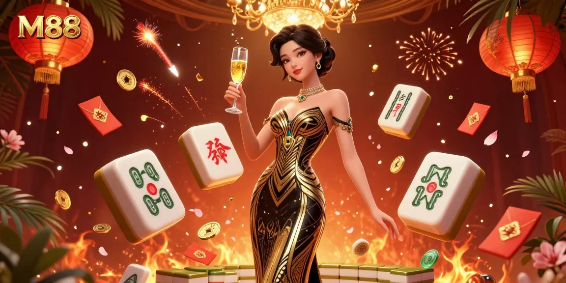 M88 casino illustration portraying a glamorous Asian woman enjoying gaming, surrounded by festive elements.