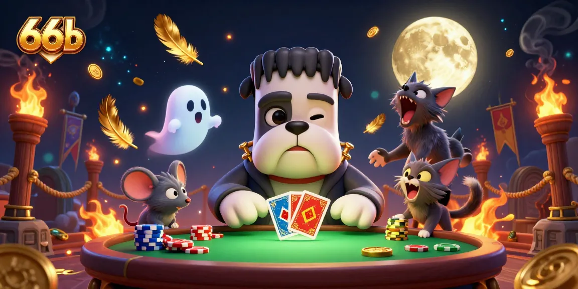 Engaging scene showcasing 66b, where the Frankenstein bulldog deals cards at a spooky casino table.