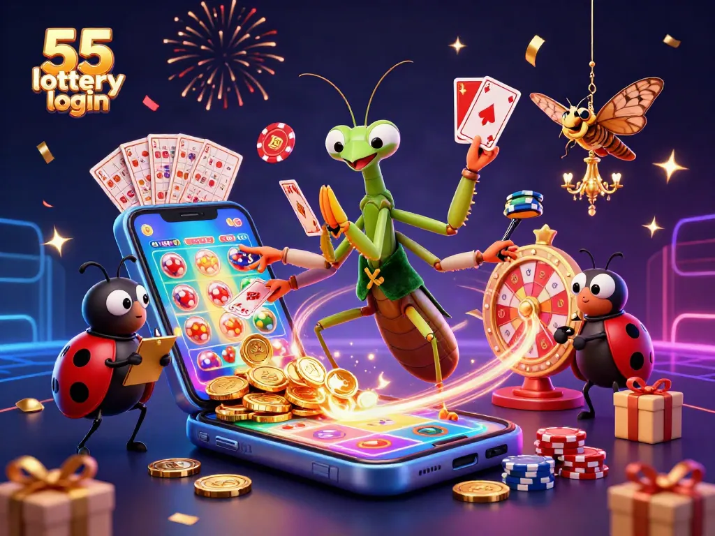 Bet on thrilling games with 55 lottery login showcasing vibrant characters and magical elements in an enchanting online casino.