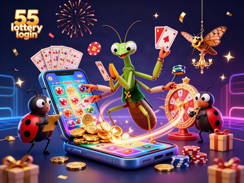 Bet on thrilling games with 55 lottery login showcasing vibrant characters and magical elements in an enchanting online casino.