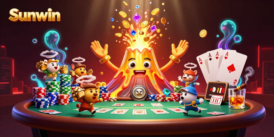 Sunwin: Experience the thrill of a golden volcano erupting treasure in an exciting casino scene.