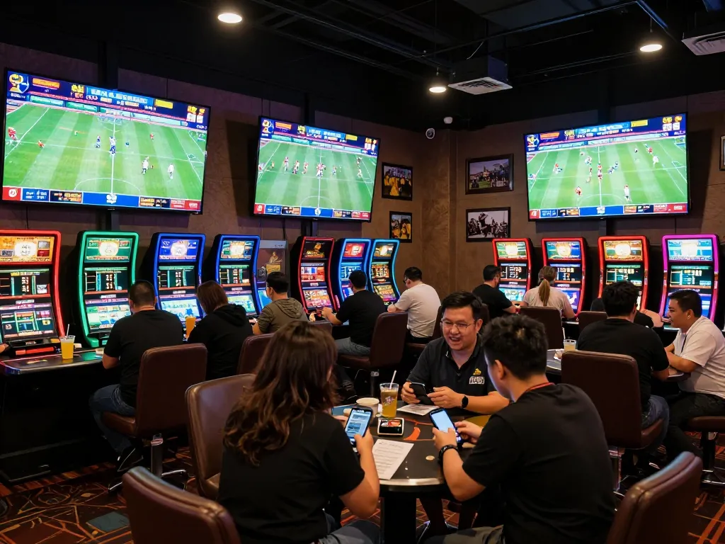 Excited bettors engaging in sports betting strategies at a vibrant casino, with keonhacaihomnay in focus.