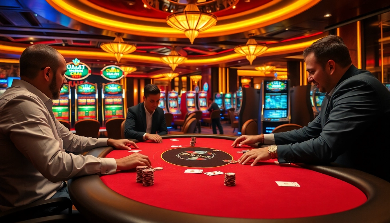 Experience the thrill of poker at OK9, showcasing vibrant chips and cards in a luxurious casino setting.