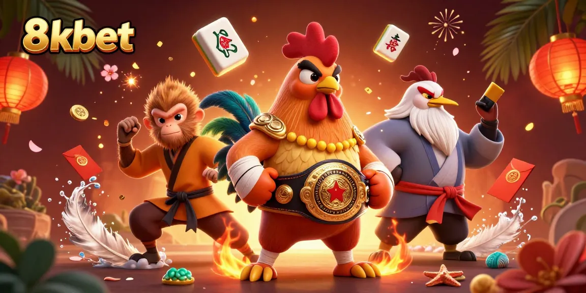 Experience thrilling action with 8kbet, featuring dynamic casino character illustration and vibrant elements.