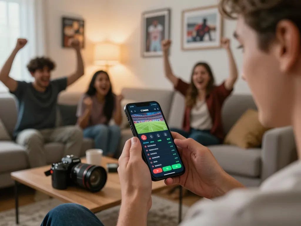Engaged bettor using mobile app for qq88 sports betting in a cozy living room.