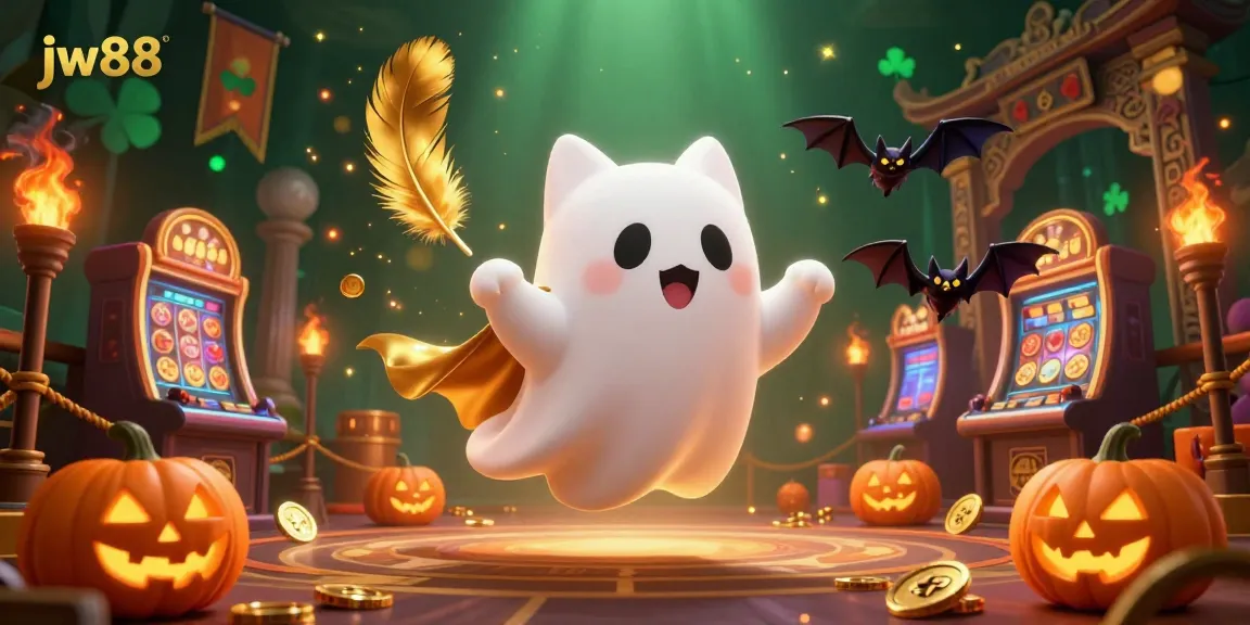 Experience exciting gameplay at jw88 with a ghost cat floating in a vibrant casino.