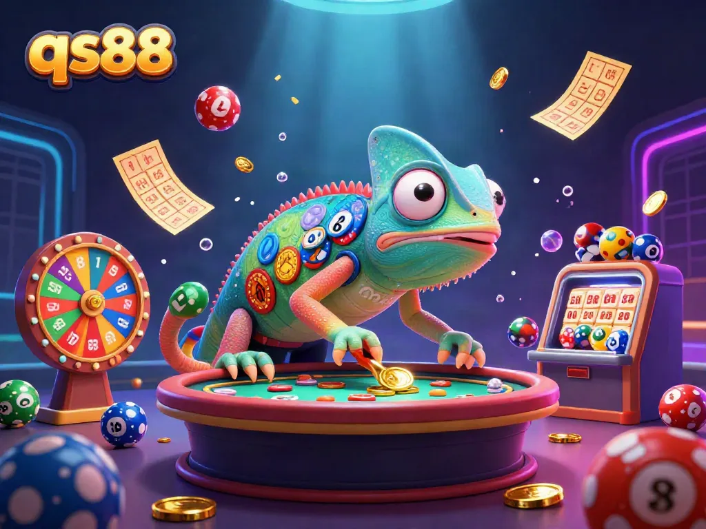 Experience thrilling games at qs88 with vibrant chameleon casino owner amidst dynamic lottery elements.