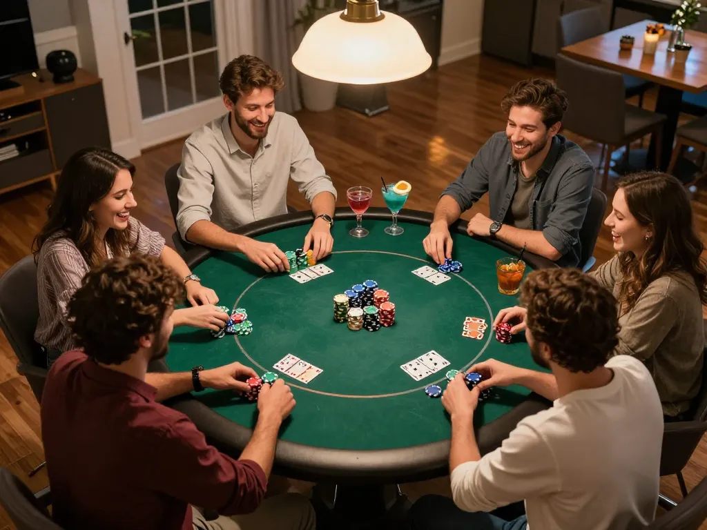 Engaged friends playing poker at home showcasing an exciting RR88 game night atmosphere.