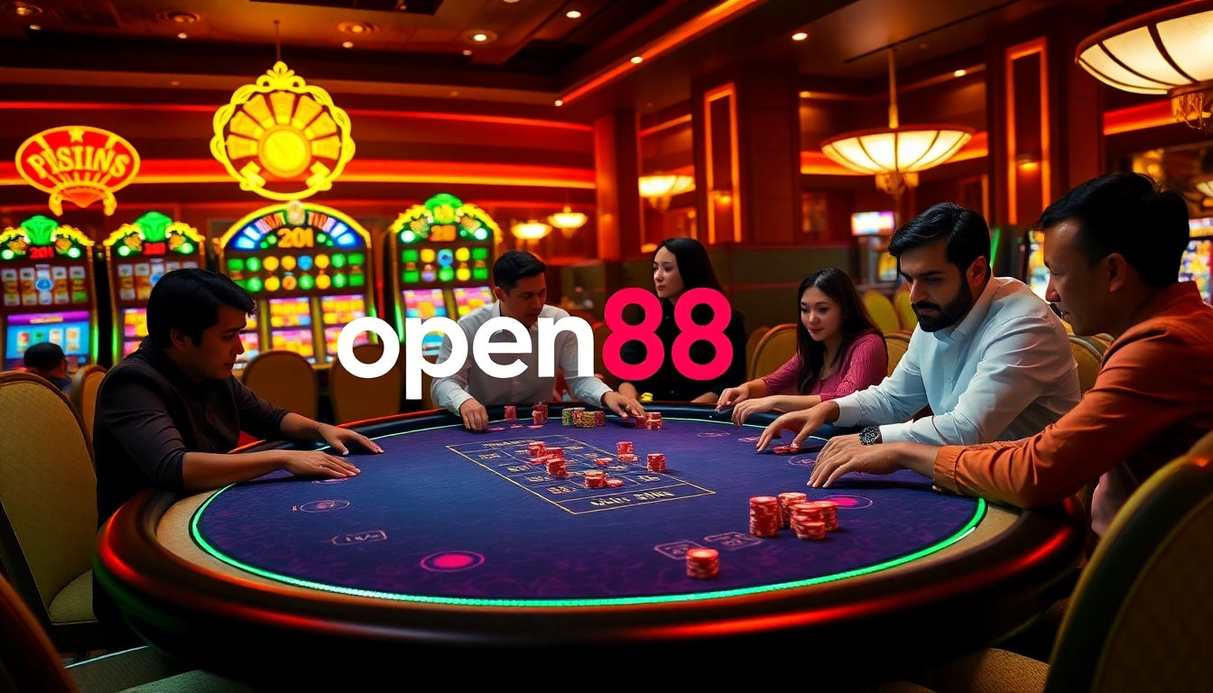 Players enjoy poker at Open88's luxurious online casino, showcasing excitement and strategy.