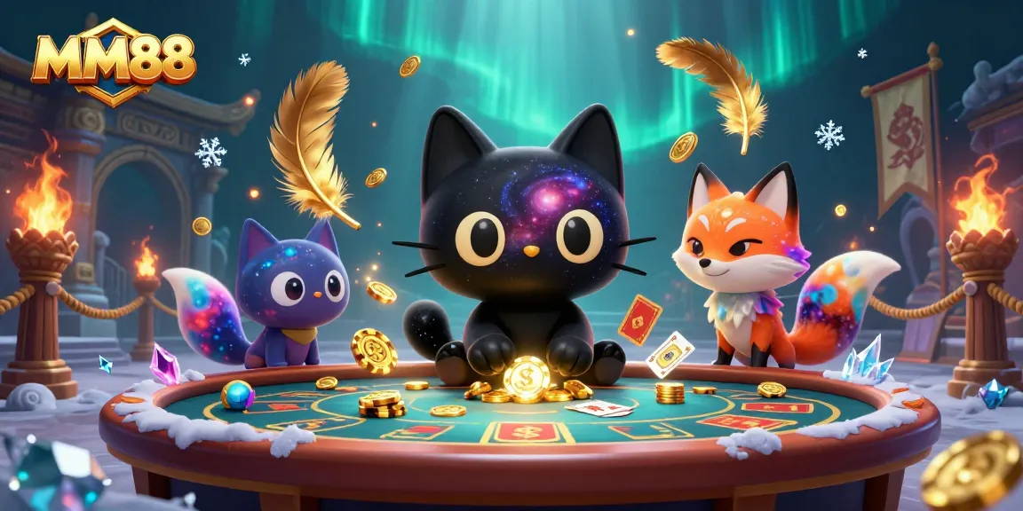 Experience thrilling MM88 gameplay as the cat draws in chips at a cosmic casino.