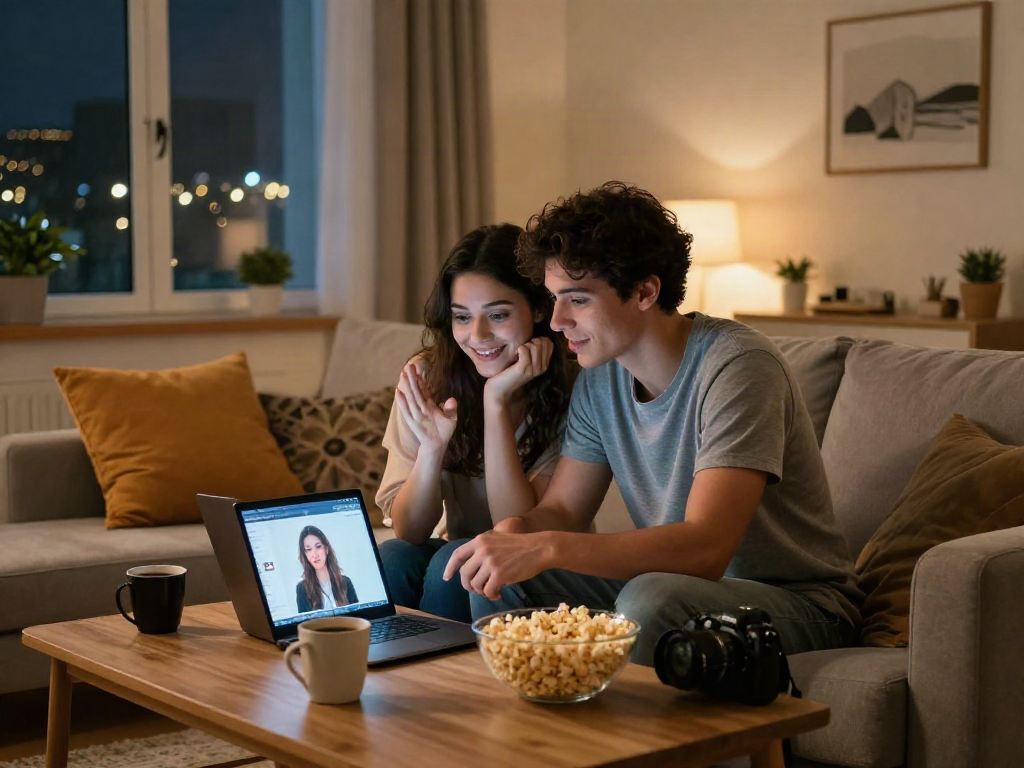 Engaging moment with a virtual AI girlfriend during a cozy digital dinner date, highlighting connection.