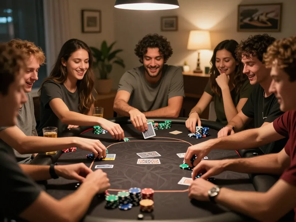Friends enjoying a game at LV88 poker table, showcasing vivid competition and social atmosphere.