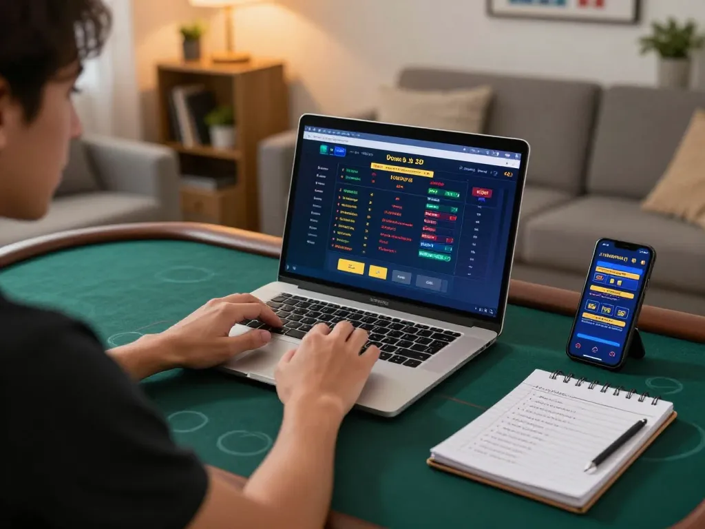 Engaged player using F168 for online betting strategy at home with laptop and smartphone.