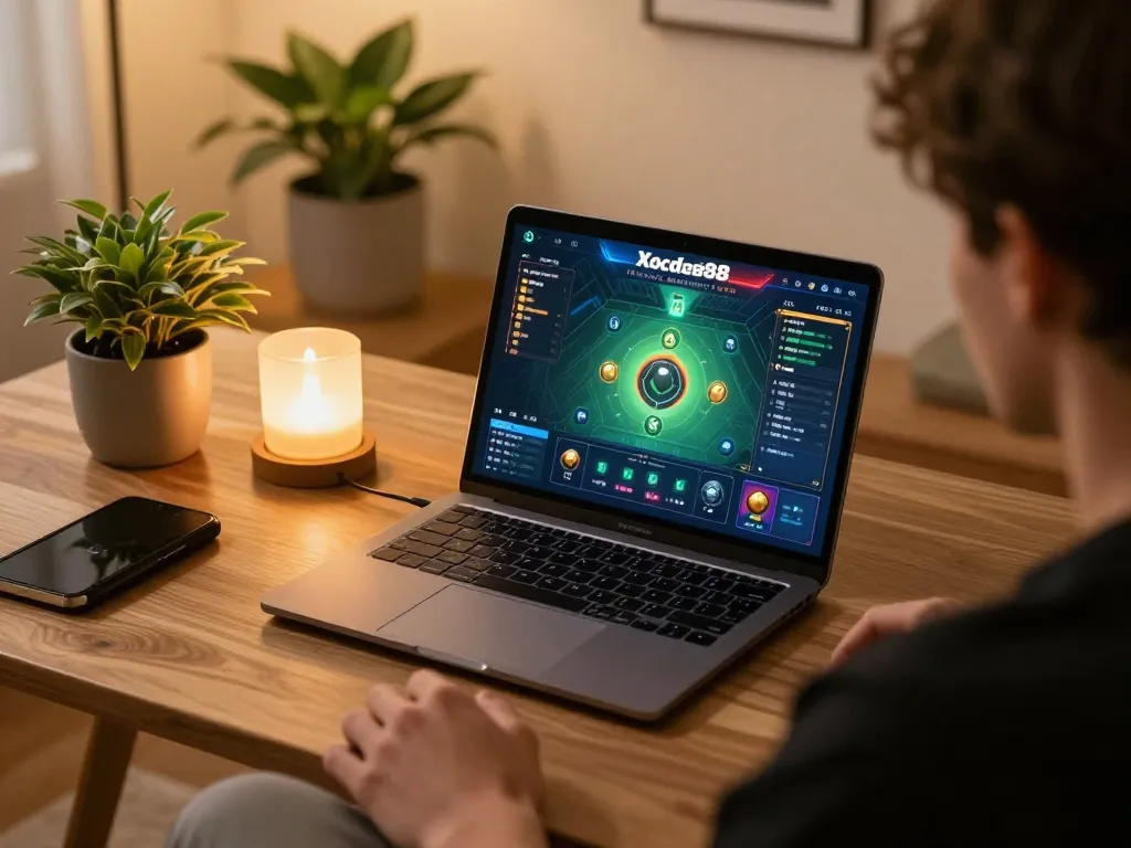 Xocdia88 online gaming setup, showcasing a player strategizing in a cozy room.
