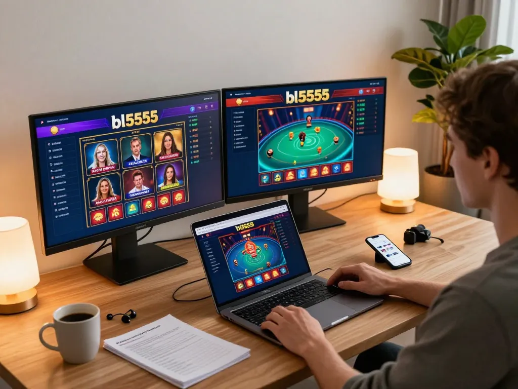 Player engaging in strategic gameplay on bl5555 casino's online platform with dual monitors in a cozy workspace.