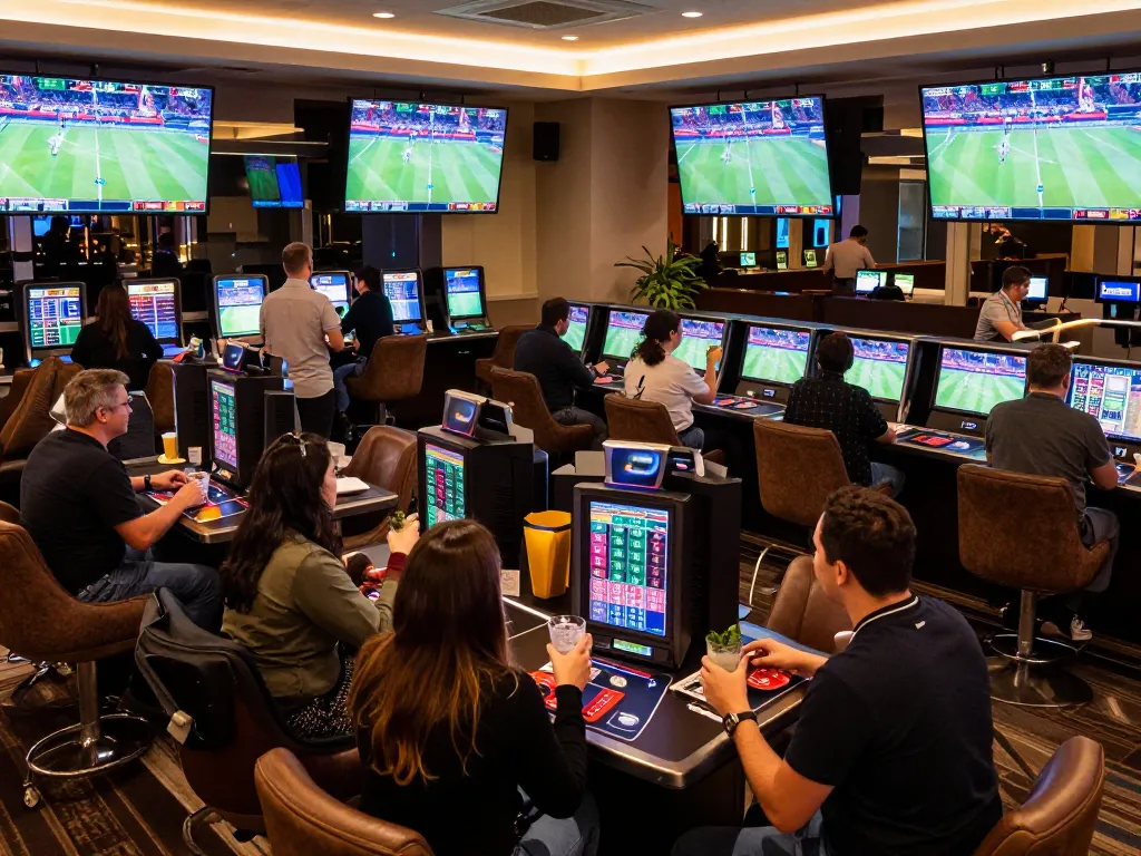Engaged patrons at 92slot sports betting lounge analyzing odds and cheering on live games