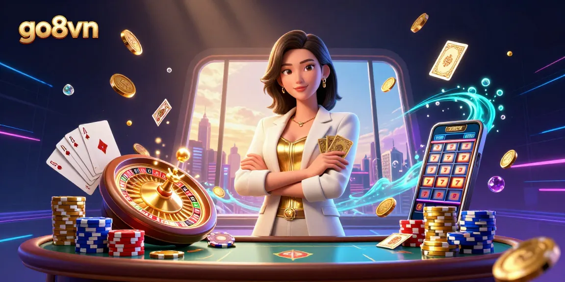 Experience thrilling gameplay at go8vn with a photorealistic depiction of an elegant woman showcasing poker cards.