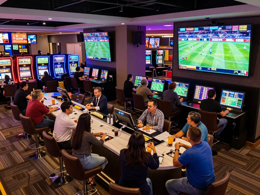 Excited patrons placing bets with keo nha cai in a modern sports betting lounge.