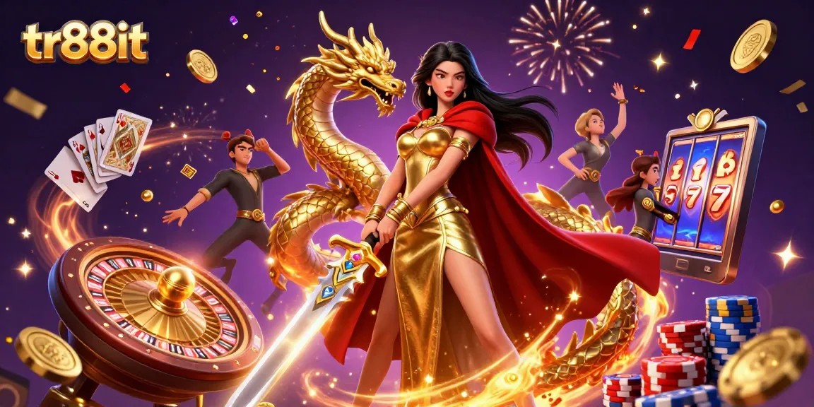 Experience thrilling casino action with tr88it, featuring a powerful warrior queen and golden dragon amidst dynamic gaming elements.