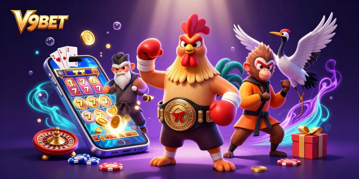 Engage with the vibrant slot games at V9BET, featuring a festive scene of cartoon characters and casino elements.