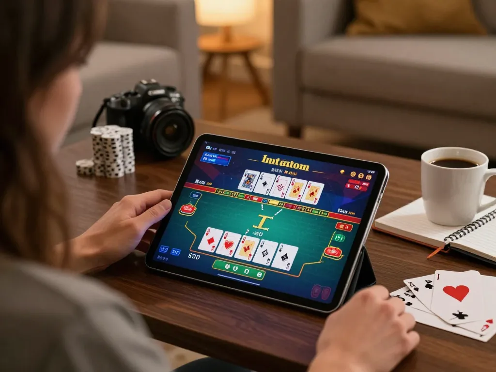Engaging in LC88 online poker game with vibrant interface on tablet, showcasing strategic insights and cozy atmosphere.