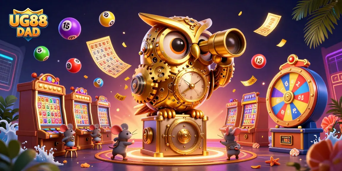 Engage with UG88 DAD's vibrant casino adventure featuring a golden clockwork owl amidst colorful gambling activities.