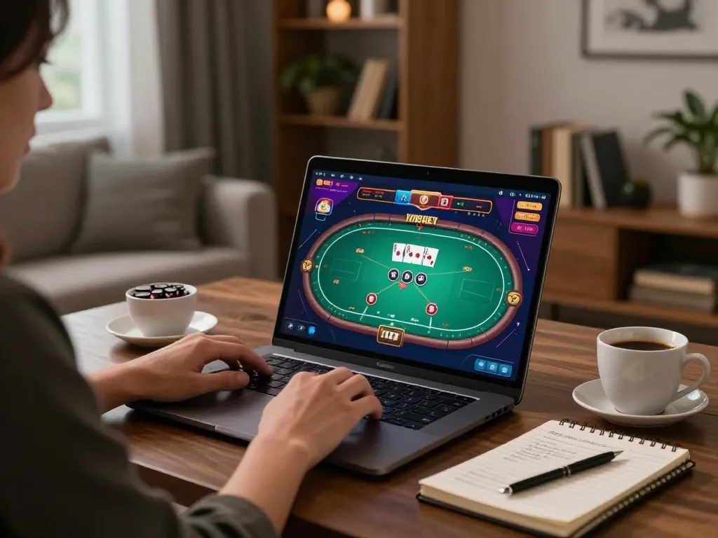 Play online casino games at 23winn on a laptop, showcasing a vibrant poker game.