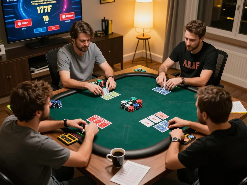 Players engaging in strategic gameplay on the 577F online poker platform in a home setting