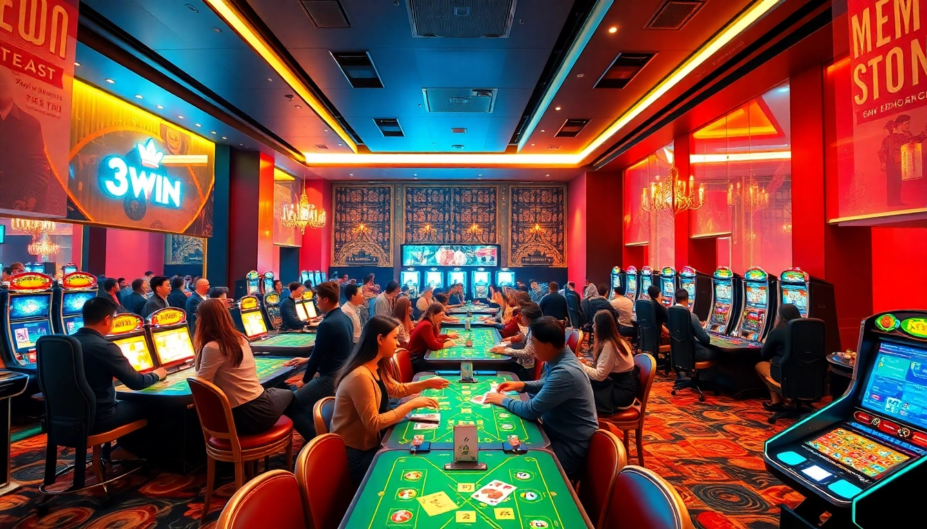 3WIN gaming atmosphere with diverse players at a modern casino, showcasing excitement and innovation.