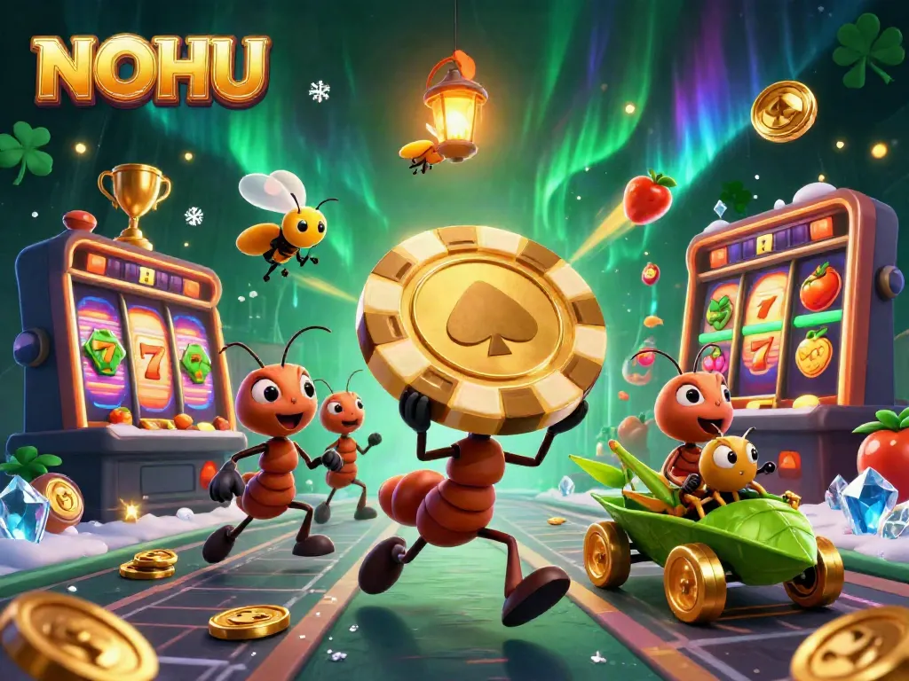 NOHU casino-themed illustration of ants stealing a giant poker chip, surrounded by slot game elements and gold coins.