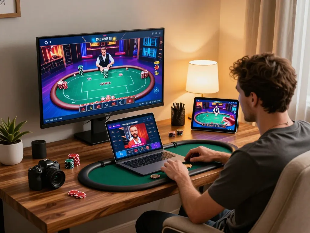 Player engaging with LODE88 live dealer poker on a laptop at a stylish home office.