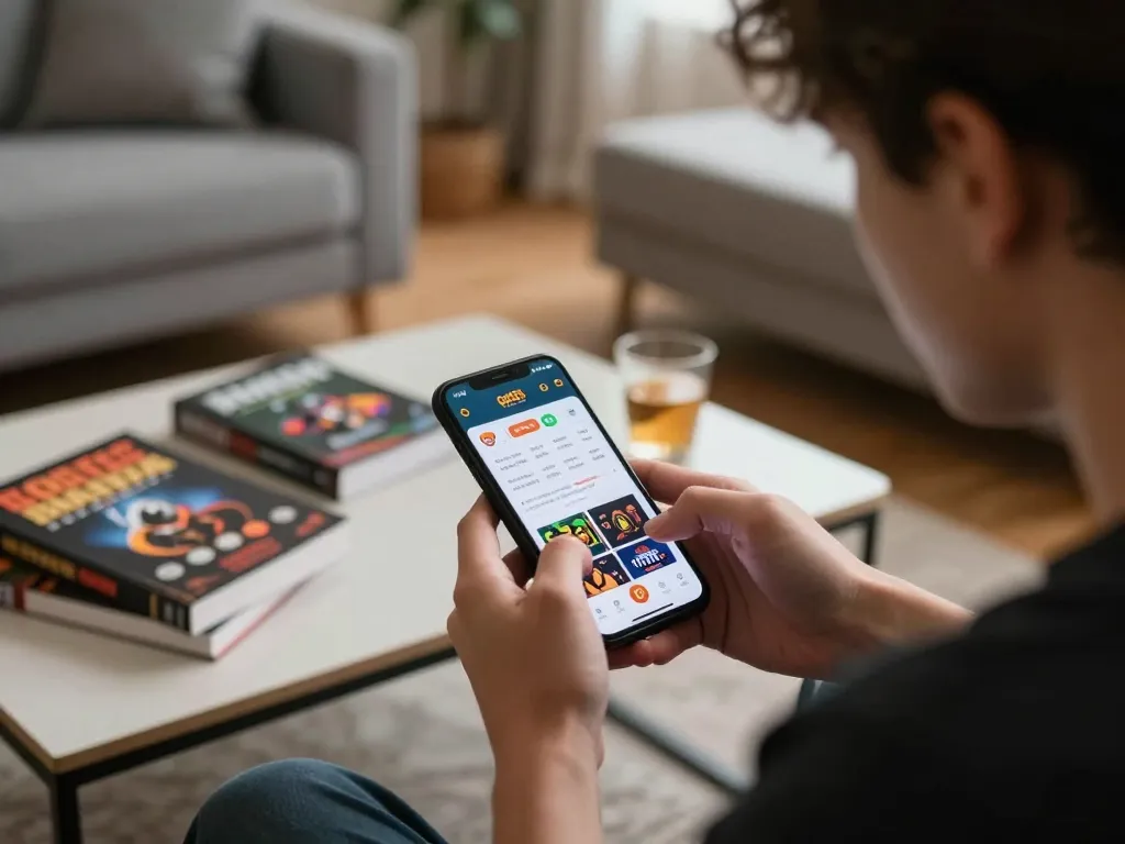 Engaging user experiences with the god55 casino app on a smartphone, showcasing strategic gameplay in a lively home environment.