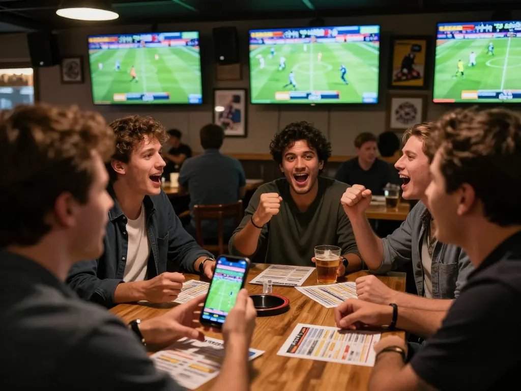 Sports betting excitement as enthusiasts place wagers in a lively bar, experiencing situs judi bola parlay action.