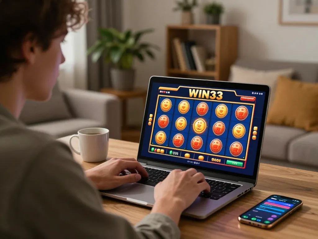WIN33 player engaged in online gaming, showing colorful slot reels and cozy home setting for responsible gambling.